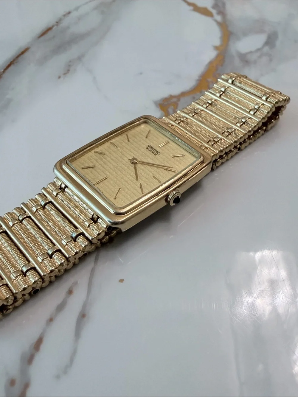1995 Vintage Seiko Men's Gold-Tone Tank Watch w/Ladder Bracelet - 7430 Quartz
